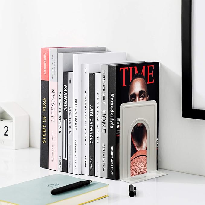HappyHapi Book Ends, Non-Skid Metal Bookend Supports for Shelves, Heavy Duty Book End, Office Book Stopper, 6 x 5 x 6 Inches, 14 Pieces / 7 Pairs (White)