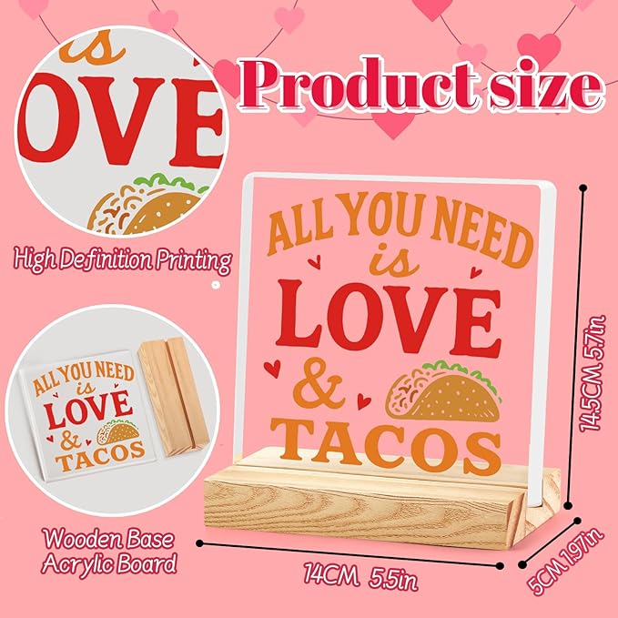 Valentines Desk Decor, Happy Valentine's Day Home Office Table Sign for Porch Tiered Tray Shelf Party, Rustic Romantic Acrylic Gifts Decorations for Him Her Wife, All You Need is Love Tacos