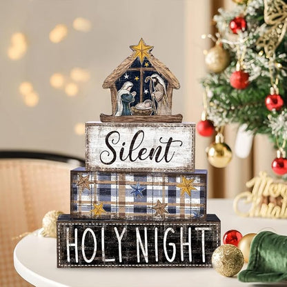 DIYDEC 4Pcs Christmas Table Decoration Christmas Jesus Wooden Block Sign Xmas Tiered Tray Decor Winter Centerpiece Decorative Sign for Holiday Tabletop Coffee Fireplace Shelf Desk Party Decor