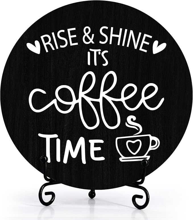 Coffee Desk Decor Sign, Farmhouse Wood Plaque, It Is Coffee Time Wood Sign, Cafe Lover Gifts, Decor For Home Kitchen Table Top, Wooden Round Decorations With Stand-13
