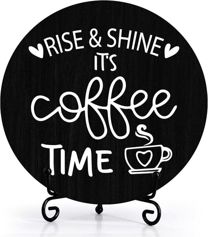 Coffee Desk Decor Sign, Farmhouse Wood Plaque, It Is Coffee Time Wood Sign, Cafe Lover Gifts, Decor For Home Kitchen Table Top, Wooden Round Decorations With Stand-13