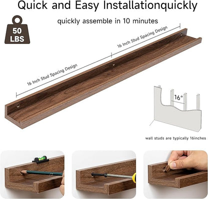 Fun Memories Picture Ledge Shelf, 32 Inch Floating Shelves Set of 2, Large Nursery Book Shelves for Toys Storage, Kids Bookshelf Wall Mounted for Wall Decor Books Photo Frames, Walnut