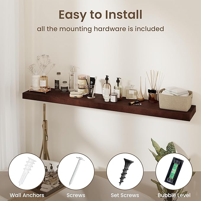 fuqing Wood Floating Shelves - 55 Inch Mahogany Wall Shelves Set of 1-55 Inch Wide x 9.3 Inch Deep x 1.6 Inch Thick Wooden Shelves for Room Decor & Storage
