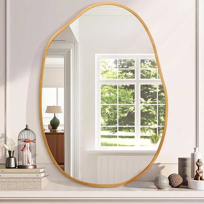 Gold Irregular Metal Framed Bathroom Mirror for Wall, Large 26