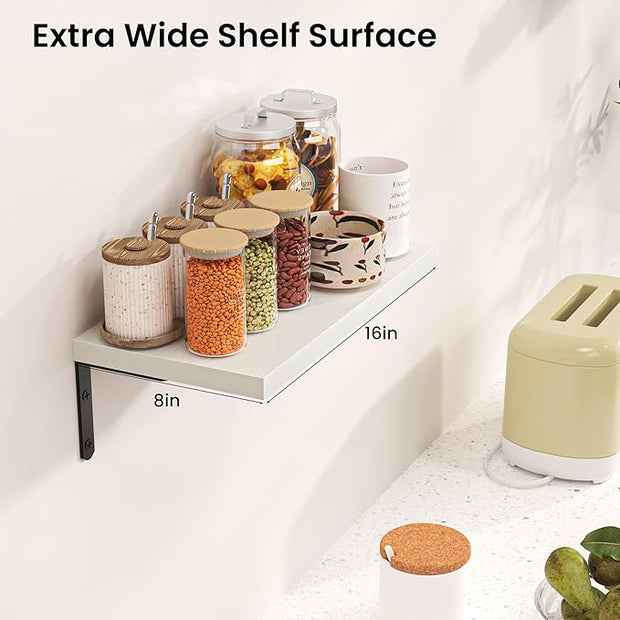 Marsmiles Extra Wide Floating Shelves for Wall, 16x8 Inch Natural Wood Grain Bookshelves, Heavy Duty Mounted Shelving for Bathroom, Kitchen, Living Room, Bedroom,Set of 8，White