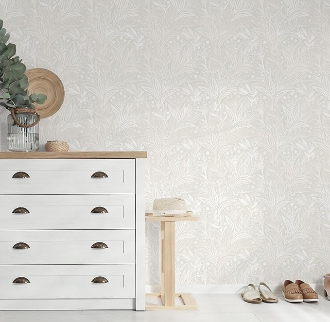 Peel and Stick Wallpaper Boho Contact Paper Beige Neutral Leaf Wall Paper Modern Self Adhesive Removable Wallpaper for Bedroom Living Room Waterproof Vinyl Roll 17.3"x197"