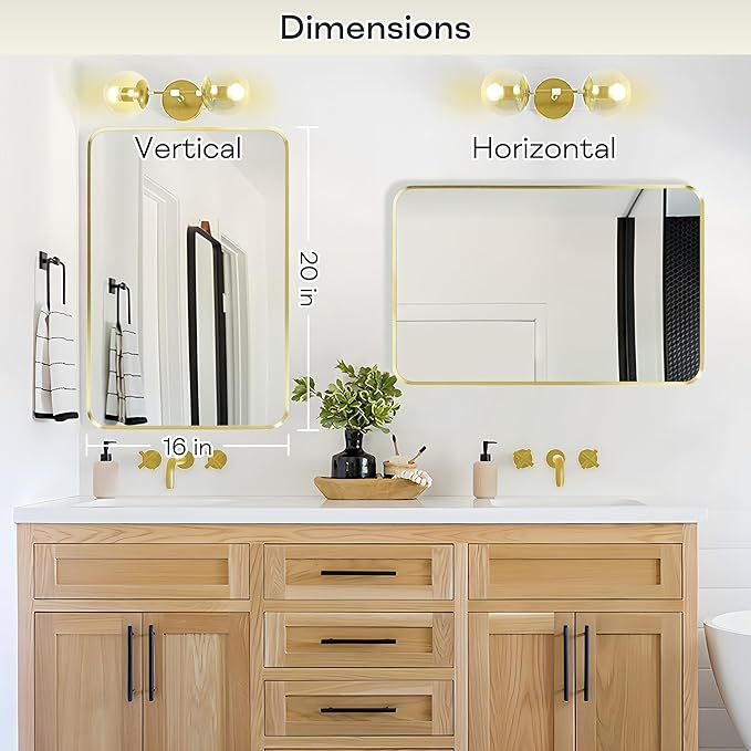 Wall Mount Mirror for Bathroom, Brushed Gold Metal Framed Rounded Corner Rectangular Vanity Mirror (16