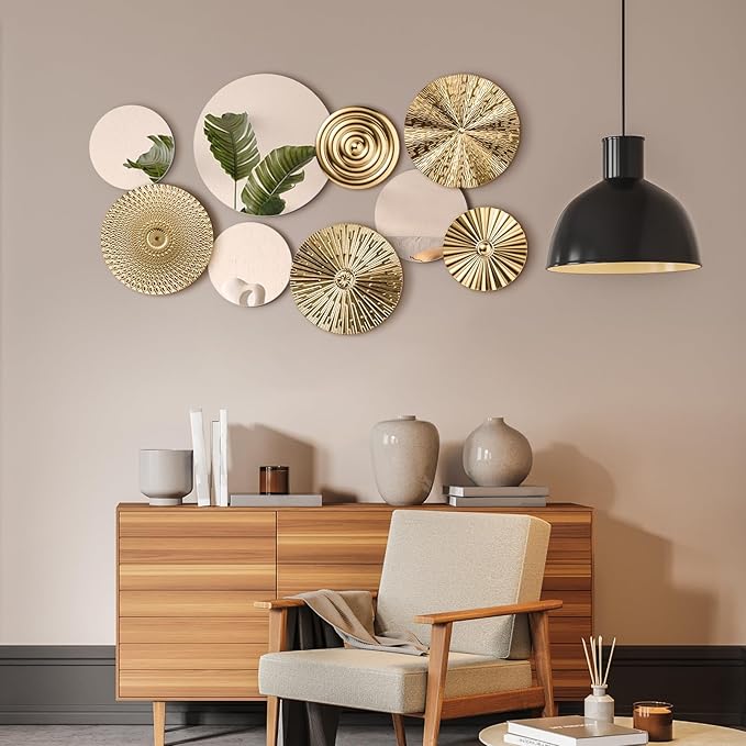 Blulu 9 Pcs Gold Mirror Wall Decor Metal Round Home Art Decor Decorative Modern Circle Mirror Wall Art Sculpture Hanging Decorations for Home Living Room Office
