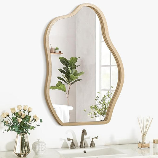 Irregular Mirror for Wall Gold Modern Asymmetrical Large Mirror Wooden Framed Hanging Wall Mirror Unique Shape Vanity Cloud Mirror Decor Decorative for Bedroom Bathroom Living Room Entryway
