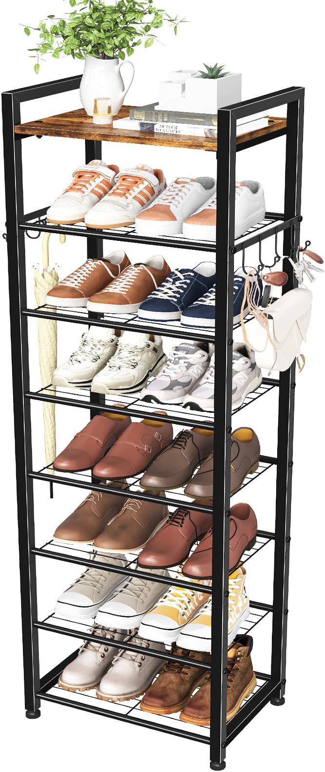 Simple Trending 8 Tiers Shoe Rack 16 Pairs Tall Wooden Plank Shoe Shelf with Hooks for Closet Entryway Organizer Sturdy Free Standing Shoe Storage Cabinet，Black