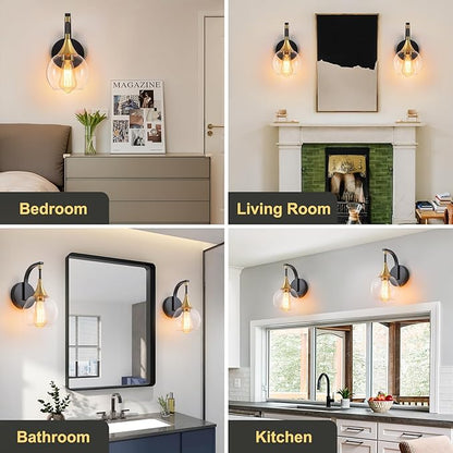 Modern Wall Sconce, Black and Gold Bathroom Vanity Lights with Clear Glass Shade, 1-Light Wall Light Fixture for Bathroom,Living Room, Hallway, Bedroom