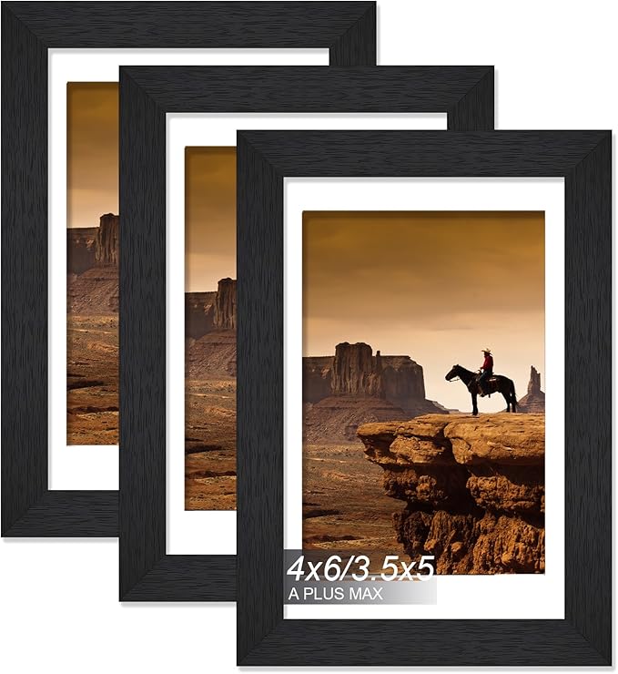 A PLUS MAX 4x6 Picture Frame Set of 3, Engineered Wood Frame Display Photo 3.5 x 5 with Mat or 4 x 6 without Mat, 4by6 Frame with Black Wood Grain for Wall - 3 Pack/Black/4"x6"