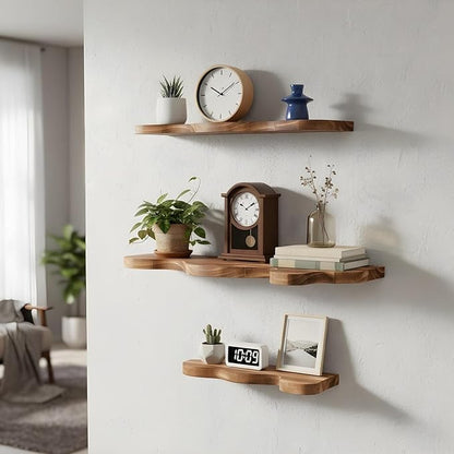 3 Sets Small Floating Shelves for Wall,3 Size Live Edge Wooden Shelf Cloud Farmhouse Vintage Wall Decor with Metal Bracket for Living Room Bedroom(Brown)