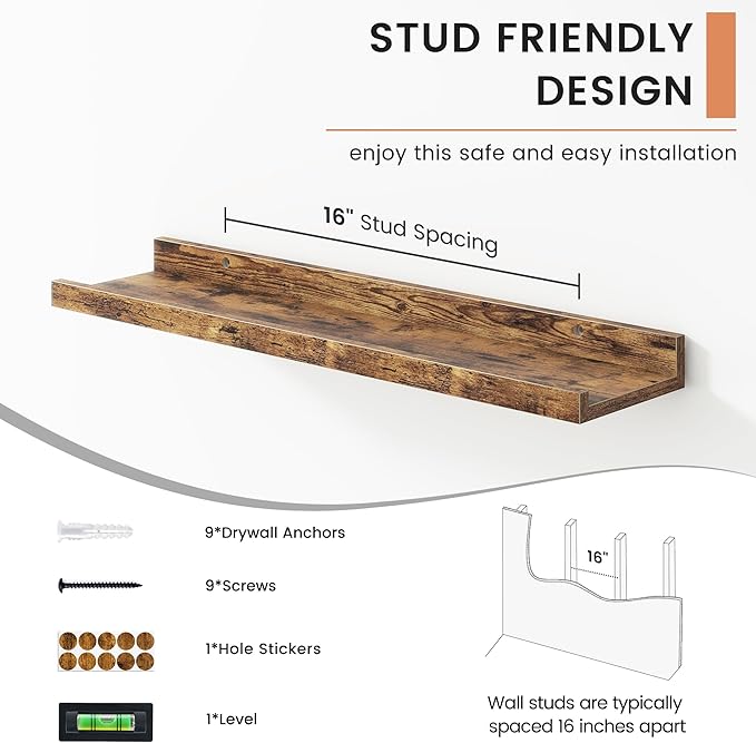 Picture Ledge Shelf, Floating Shelves Set of 4, 24 Inches Long Large Nursery Book Shelves for Toys Storage, Kids Bookshelf Wall Mounted for Living Room Bedroom Decor Books Photo Frames, Brown