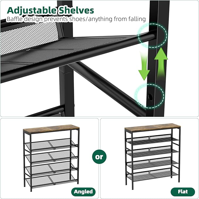 Shoe Rack for Entryway, 5 Tier Shoe Rack Organizer with Storage Shelves and Spacious Top, Rustic Brown