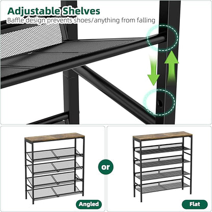Shoe Rack for Entryway, 5 Tier Shoe Rack Organizer with Storage Shelves and Spacious Top, Rustic Brown