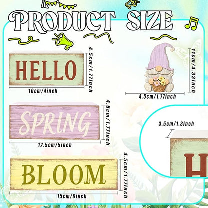 Spring Decoration Wooden Tiered Tray Decor – Rustic Hello Spring Bloom Gnome Stacked Block Sign with Flower Basket Topper – Farmhouse Tabletop Spring Decor for Living Room Shelf Kitchen Coffee Bar Seasonal Home Display