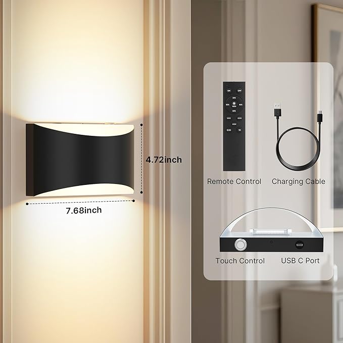 FOLKSMATE Battery Operated Wall Sconces Set of 4, Rechargeable Remote & Touch Control Wall Lamps, 3 Color Temperatures, Cordless Dimmable Lamp for Bedroom, Living Room, Hallway