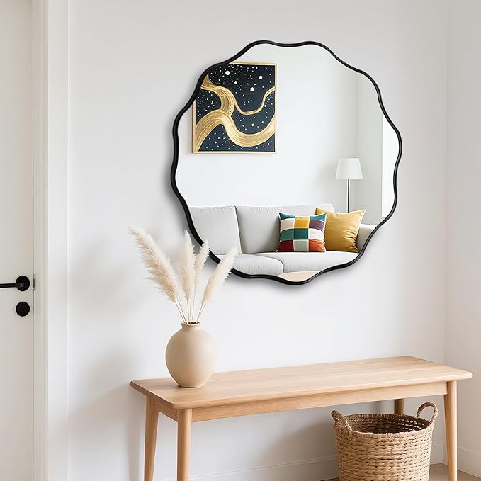 Fabuady Black Round Wavy Edge Mirror - 24'' Circle Wall Mirror with Metal Frame, Decorative Hanging/Leaning Mirrors for Bathroom, Bedroom, Living Room, Hallway, Entryway, Office, Home Decor