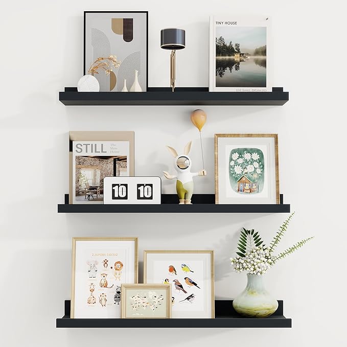 Axeman Picture Ledge Shelf | 24 Inch Black Floating Shelves Set of 3 | Rustic Wood Wall Shelves with Lip | 24