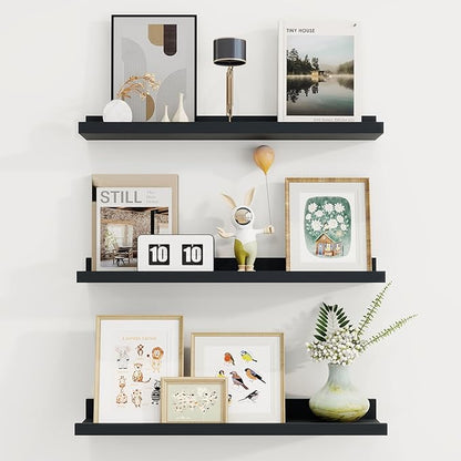 Axeman Picture Ledge Shelf | 24 Inch Black Floating Shelves Set of 3 | Rustic Wood Wall Shelves with Lip | 24" Black Picture Shelf for Wall with Ledge | Photo Shelves