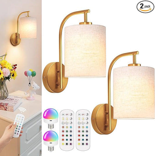 Battery Operated Wall Sconce Set of 2, Gold Rechargeable Dimmable Wall Light Fixture Remote, 12 RGB Colors & Timer, Wireless Lamp Linen Shade