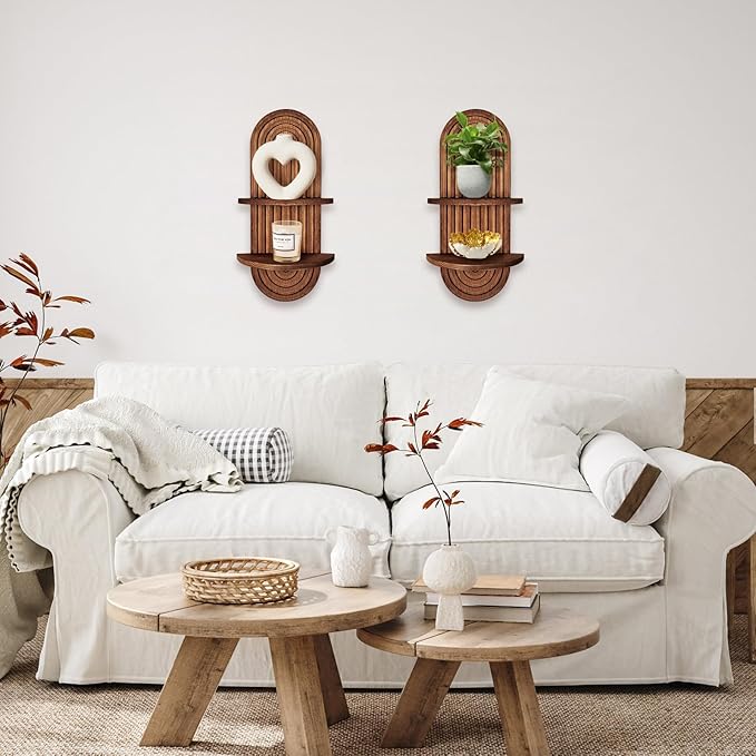 2 Pieces Boho Wall Shelf, Mid Century Shelves, Double Shelves, Decorative Bohemian Rainbow Hanging Shelves for Bathroom, Bedroom, Kitchen, Living Room, Laundry Room (Coffee Color)