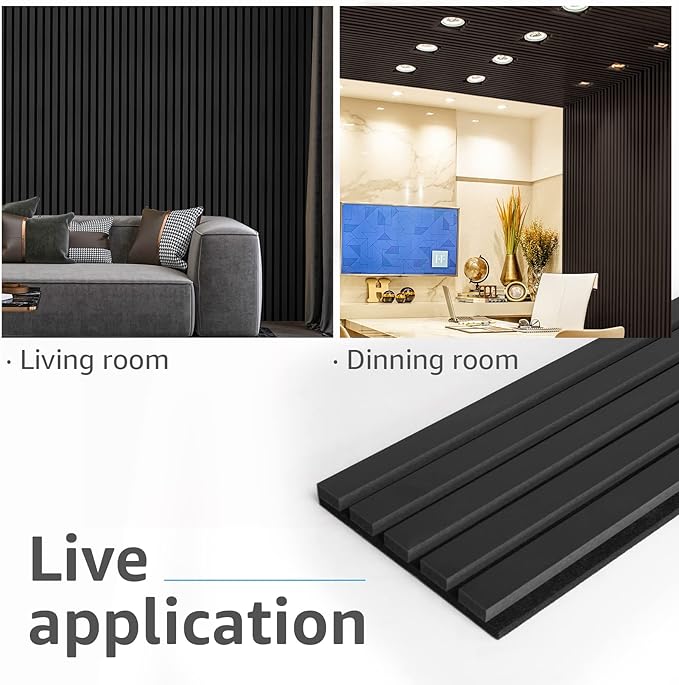 Art3d 4-Piece Wood Slat Acoustic Panels for Stylish Decor and Noise Reduction, 3D Textured Panel for Ceiling and Wall, Matte Black