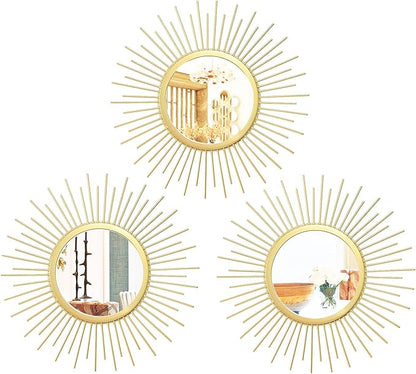 Cityelf 3 Set Sunburst Mirrors for Wall Decorative Metal Mirrors Small Mirror Sets Decor Hanging Mirror Wall Sculpture for Bedroom Living Room Entryway