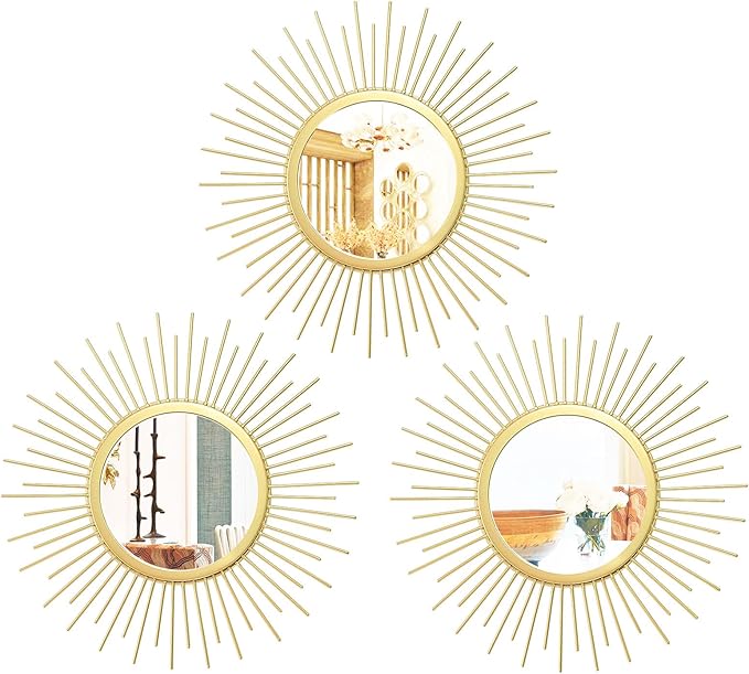 Cityelf 3 Set Sunburst Mirrors for Wall Decorative Metal Mirrors Small Mirror Sets Decor Hanging Mirror Wall Sculpture for Bedroom Living Room Entryway