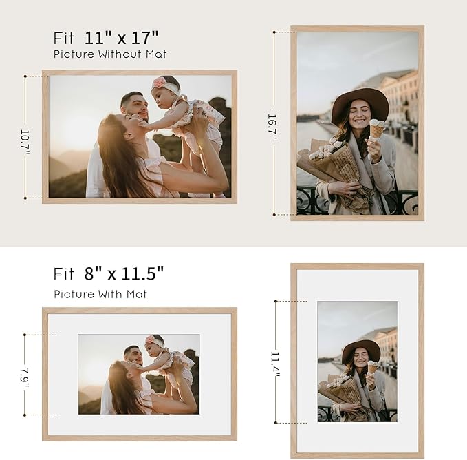 puthiac 11x17 Solid Oak Wood Picture Frame, Fits 8x12 with Mat or 11x17 Without Mat, Wall Display Only, Vertical or Horizontal, Plexi Front, 3 Pack, Natural Oak