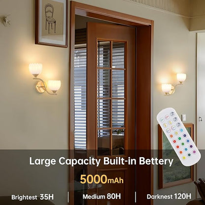Battery Operated Wall Sconce, 2-Lights Vinatge Brass Wall Lighting with White Tluip Shade Rechargeable Bulb with Remote for Living Room, Bedroom，Symmetrical 2 Pack