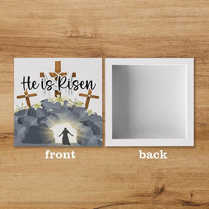 He Is Risen Easter Decor Indoor Religious Christian Easter Jesus Cross Decor Decorations Farmhouse Easter Sign for Home Room Badroom Bathroom Office Table Mantle Dessk Decor