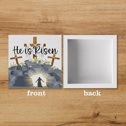 He Is Risen Easter Decor Indoor Religious Christian Easter Jesus Cross Decor Decorations Farmhouse Easter Sign for Home Room Badroom Bathroom Office Table Mantle Dessk Decor