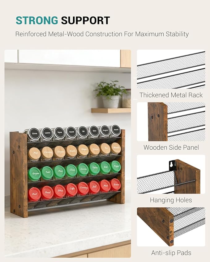NESAPTO Spice Rack Organizer for Cabinet, Wooden 4 Tier Vertical Seasoning Organizers for Kitchen Pantry, Countertop/Wall Mount, Holds 32 Spice Jars (No Jars Included), 15.7