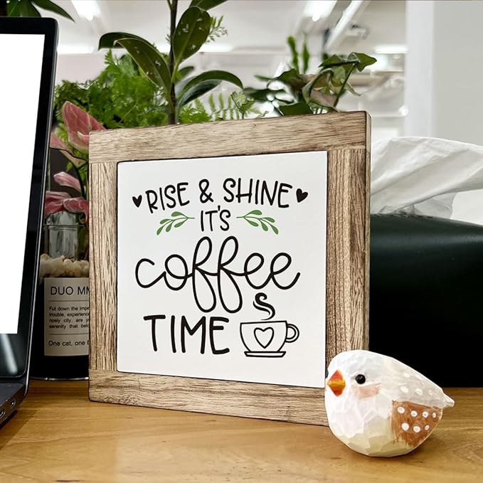 Rise & Shine Coffee Decor Set - Rustic Wooden Table Sign, Farmhouse Style, Coffee Station Decor