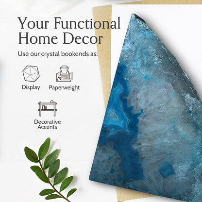 Nature's Decorations Agate Bookends - A Quality Teal Geode with Non-Skid Rubber Bumpers for Shelves, Office, Home Decor - Heavy Duty Cool Crystal Stone (2-3 LB)