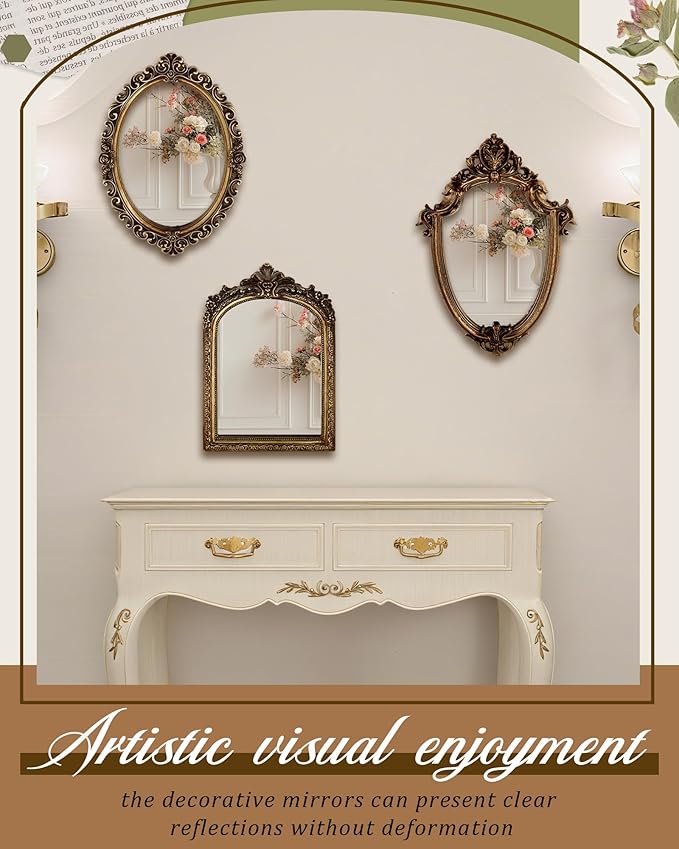3 Styles Vintage Gold Mirror Set Wall Decorative, Vintage Wall Mirror Antique Hanging and Tabletop with Stand for Living Room Bedroom Dresser, Classic Home Wedding Decor(Classic Style)