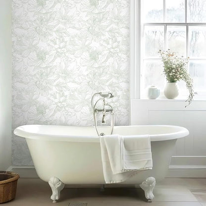 Ismoon Large Floral Peel and Stick Wallpaper Boho White and Green Contact Paper 17.3inx16.3ft Modern Wall Paper Removable Self Adhesive Vinyl Wallpaper for Bedroom Cabinet Bathroom Mural Wall Decor
