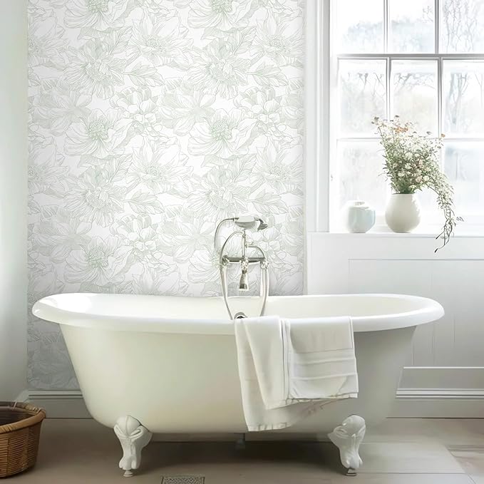 Ismoon Large Floral Peel and Stick Wallpaper Boho White and Green Contact Paper 17.3inx16.3ft Modern Wall Paper Removable Self Adhesive Vinyl Wallpaper for Bedroom Cabinet Bathroom Mural Wall Decor