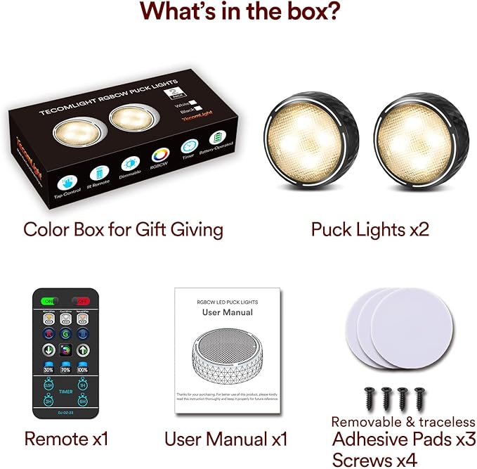 LED Puck Lights with Remote Control, Battery Operated Wireless Closet Lights, Under Cabinet Lighting Stick on Tap Push Light, Color Changing Under Counter Light for Kitchen, 2 Pack - Black