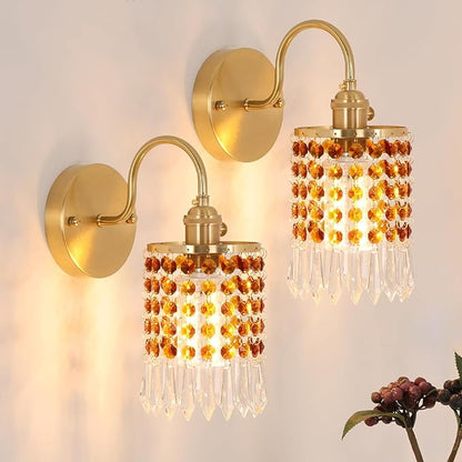 Set of 2 Crystal Battery Operated Wall Sconce, Rechargeable Battery Powered Wall Lamp with Remote Control, Modern Dimmable Wall Lights for Bedroom Bathroom(Tawny, Gold Base)