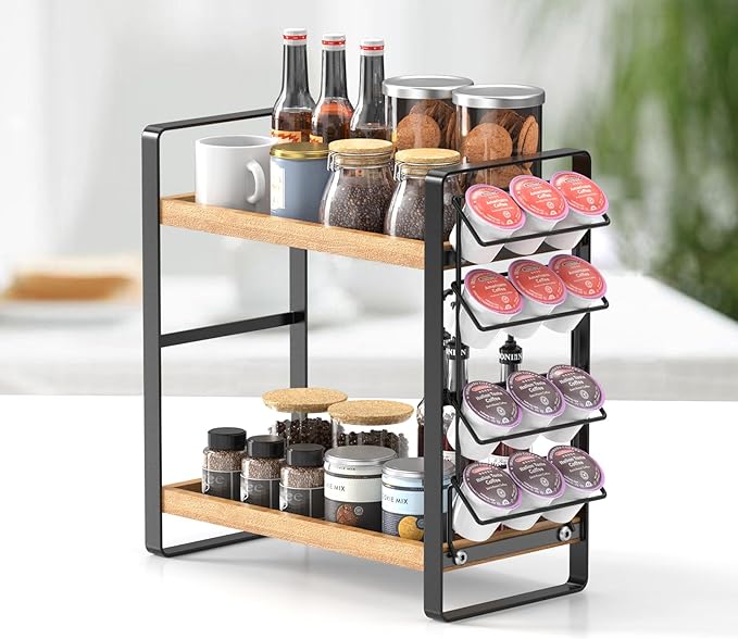 Coffee Station Organizer for Counter,Condiment Storage Caddy for Kitchen,2 Tier Wooden Shelf for Coffee Bar Accessories,Coffee Bar Organizer for Kitchen, Home, Office-Brown