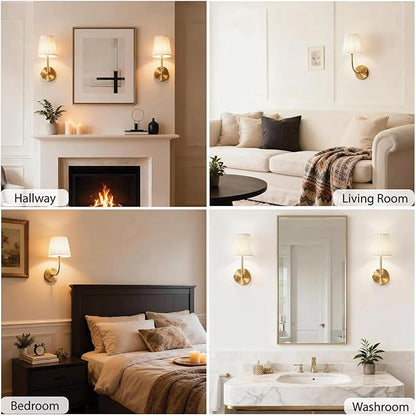 Battery Operated Wall Sconce Set of 2, Dimmable Wireless Gold Wall Lamp with 5200mAh Battery, Rechargeable Wall Sconce Light with Switch and Remote for Living Room, Bedroom, Hallway, Bathroom