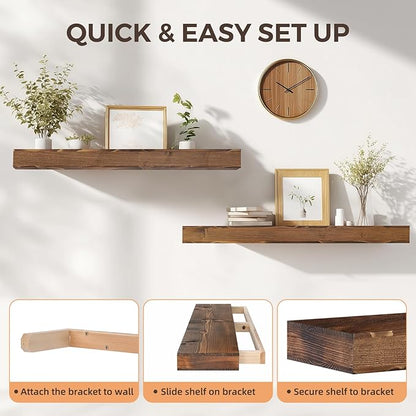 36x6.8x2 Inch Rustic Floating Shelves for Wall Set of 2 - Brown Solid Wood Wall Mounted Shelves with Invisible Bracket, Extended Design for Farmhouse Living Room Bedroom Kitchen Decor
