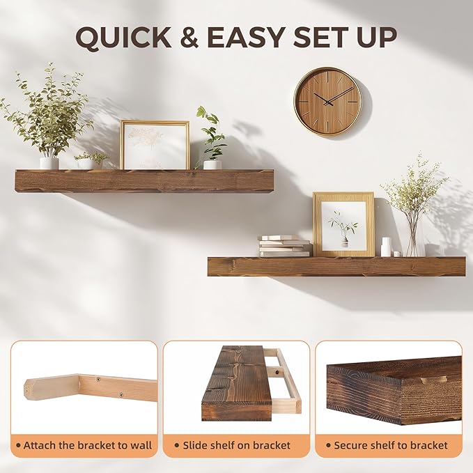 36x6.8x2 Inch Rustic Floating Shelves for Wall Set of 2 - Brown Solid Wood Wall Mounted Shelves with Invisible Bracket, Extended Design for Farmhouse Living Room Bedroom Kitchen Decor