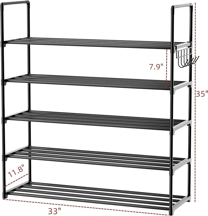 Metal Shoe Organizer,5 Tiers Shoe Storage Shoe Rack with Hooks,Fit 20-25 Pairs,Adjustable Shoe Shelf for Entryway,Hallway,Bedroom,Metal Bottom Support
