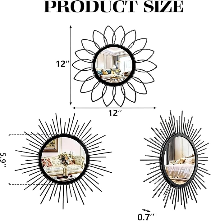 Set of 3 Black Metal Sunburst Wall Mirrors - 12