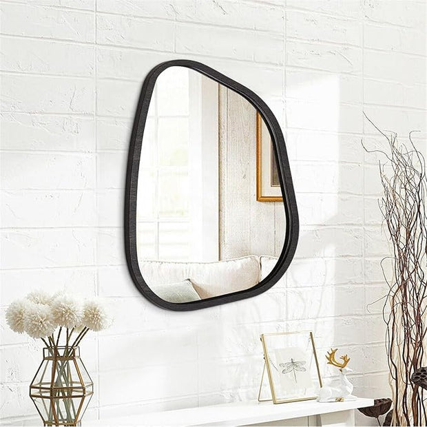 Asymmetrical Mirror Large 20"x16" Irregular Oval Wall Mirror Modern Wood Frame Unique Shape Wall Mounted Vanity Artistic Mirror Decorative for Living Room Bedroom Bathroom Entryway Hallway