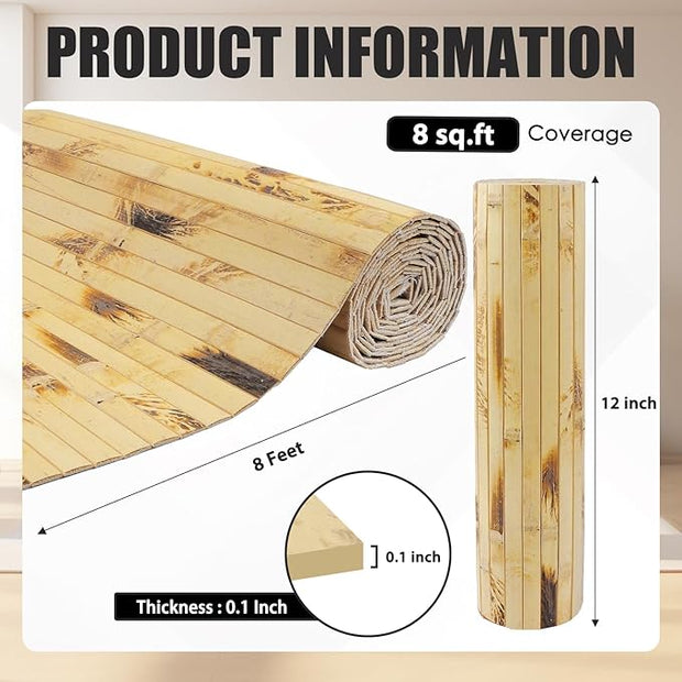 FONUNO Bamboo Wall Panel for Interior Decoration Bamboo Pole Wrap Roll Natural Wainscoting Paneling Decorative Wall Slat Covering for Living Room, Bedroom, Office (12 Inch x 96 Inch, Light Burned)